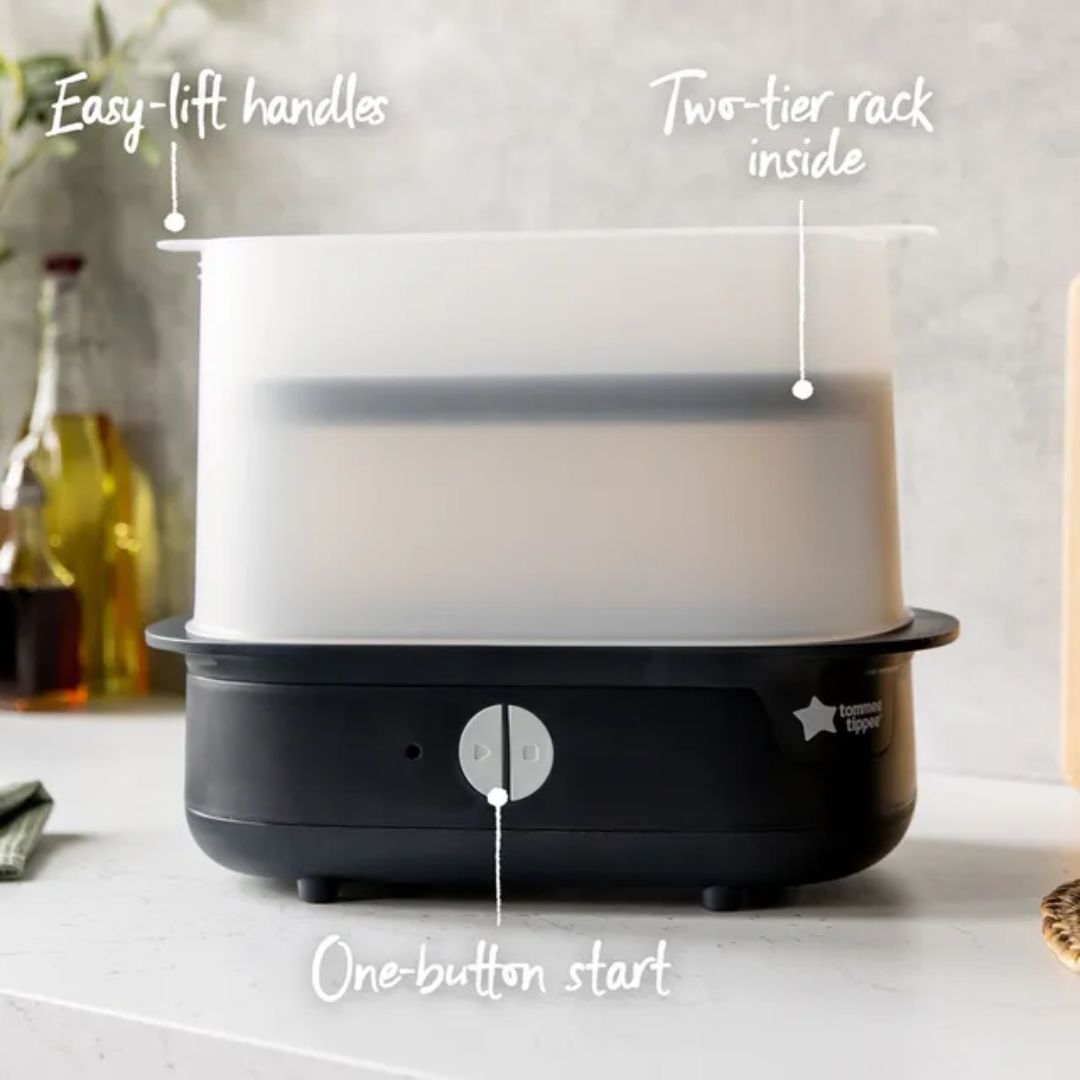 tommee tippee Black and white steamer with labeled features on a light background