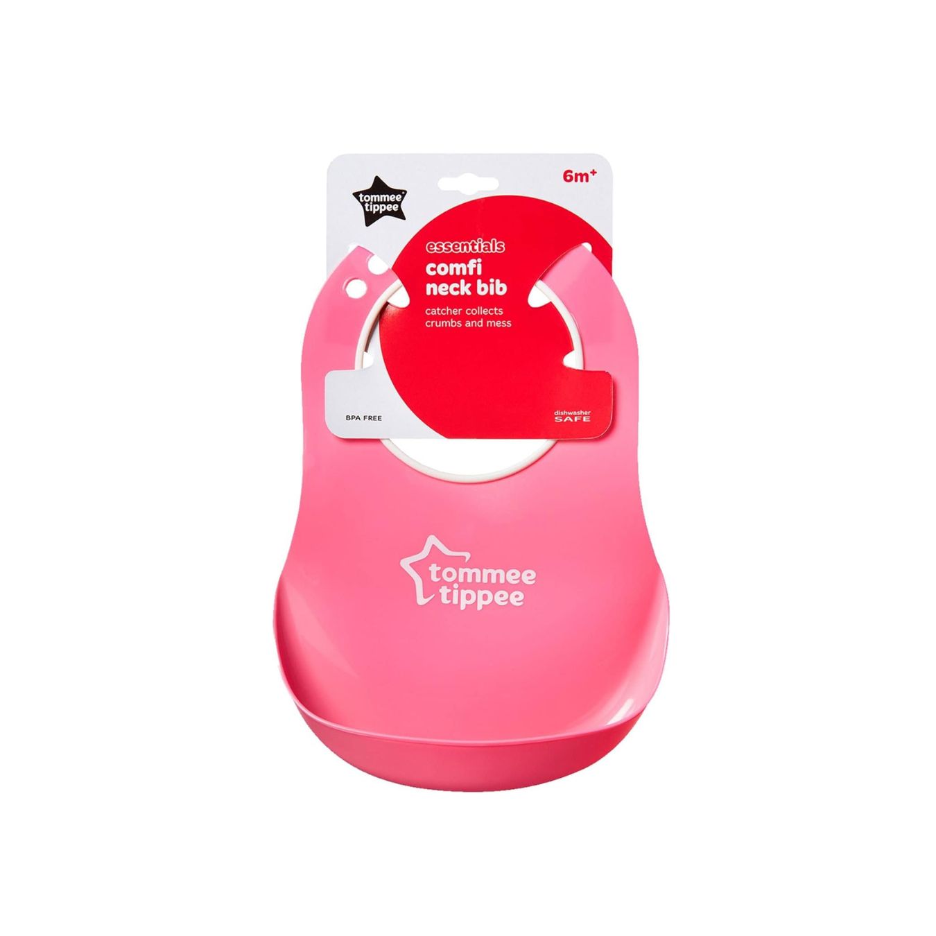 Pink baby bib with 'Tommee Tippee' branding on a white background