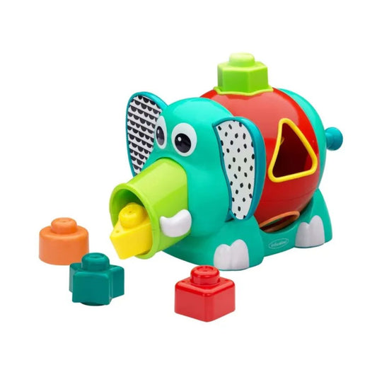 Colorful elephant-shaped toy with building blocks on a white background