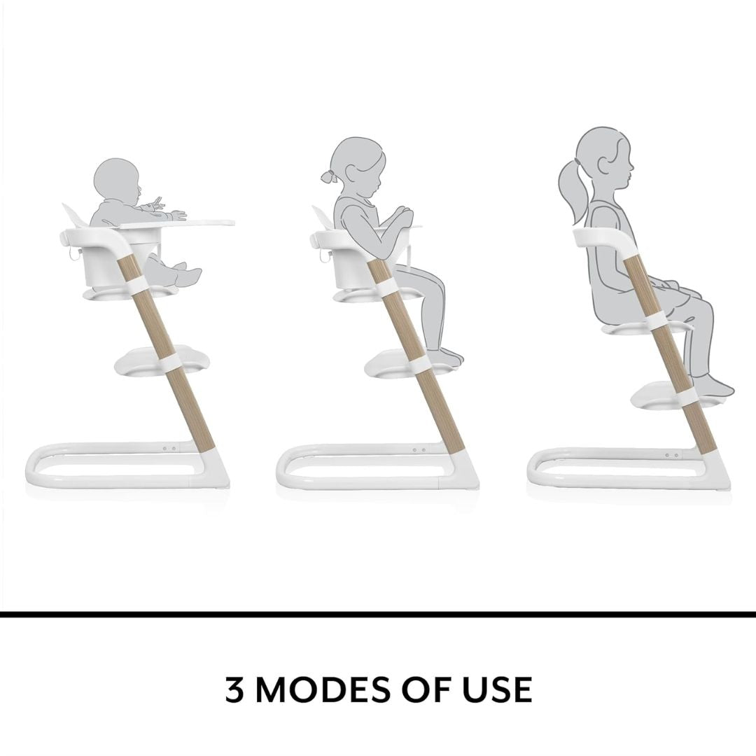 Evenflo Three modes of use for a high chair with a white base and wooden legs.