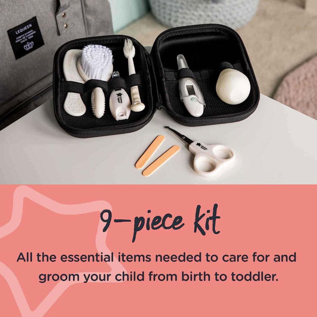 tommee tippee 9-piece grooming kit with tools for children on a table, featuring a pink banner with text.