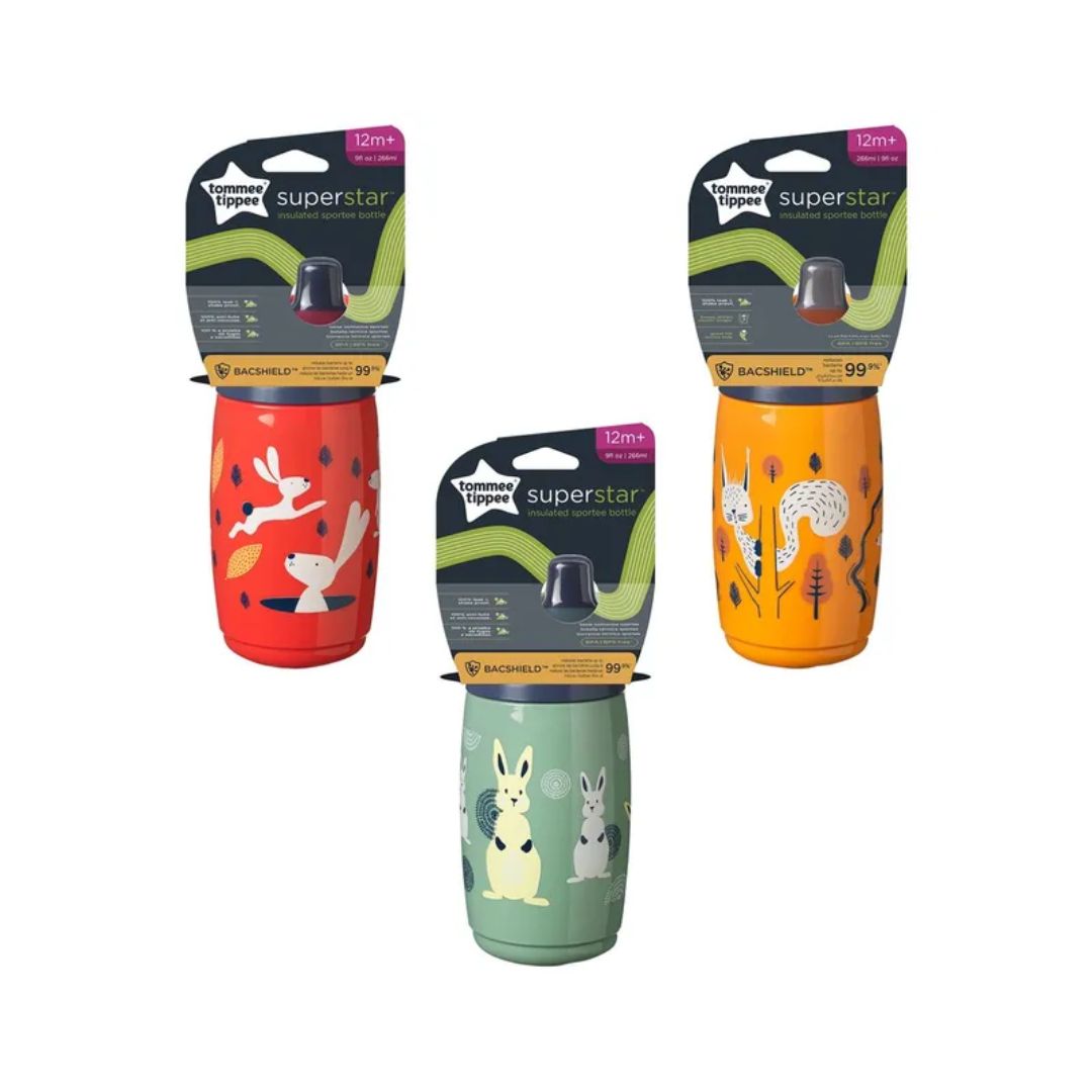 Three colorful cups with animal illustrations and packaging on a white background