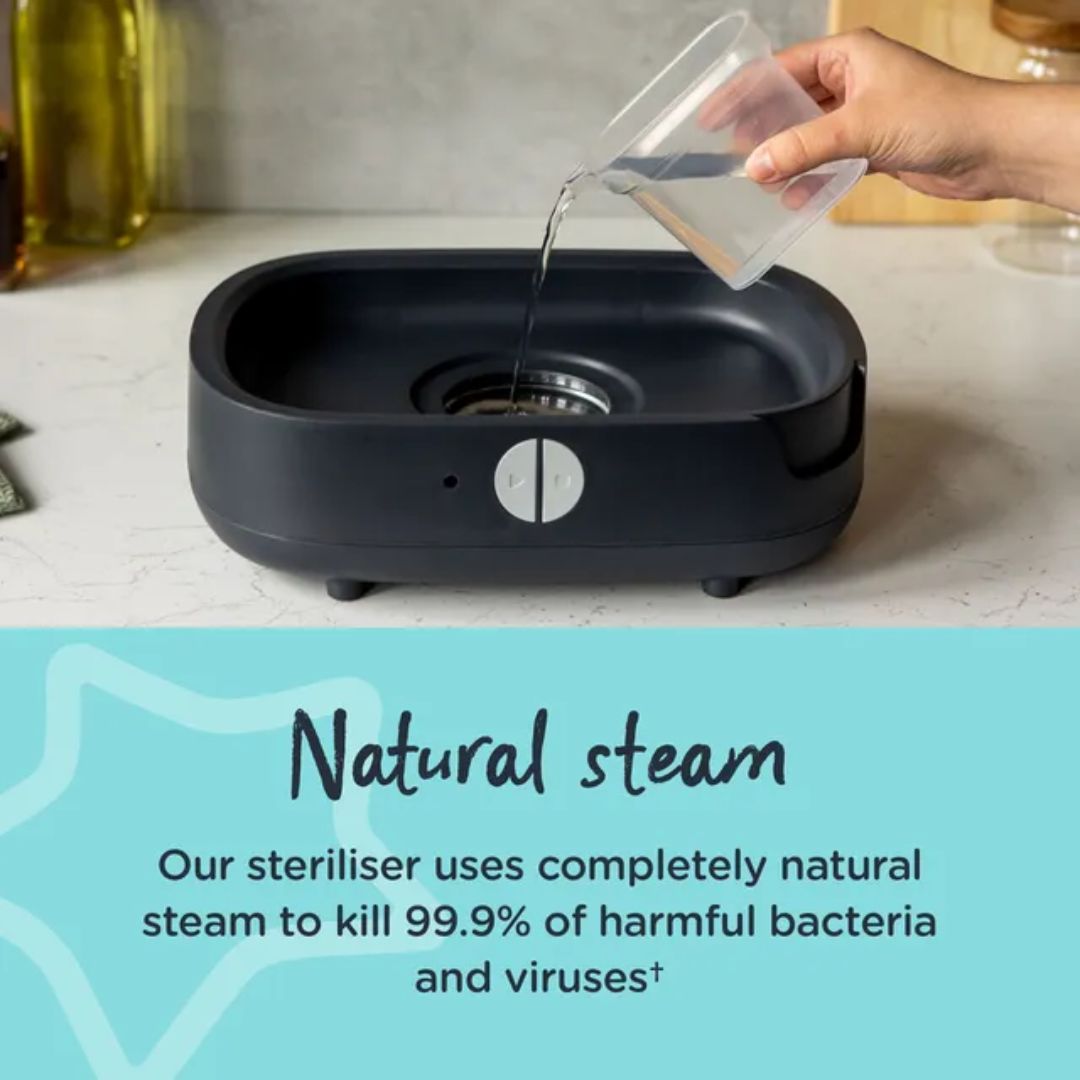 Person pouring liquid into a black tommee tippee steriliser with text about natural steam and sterilisation.