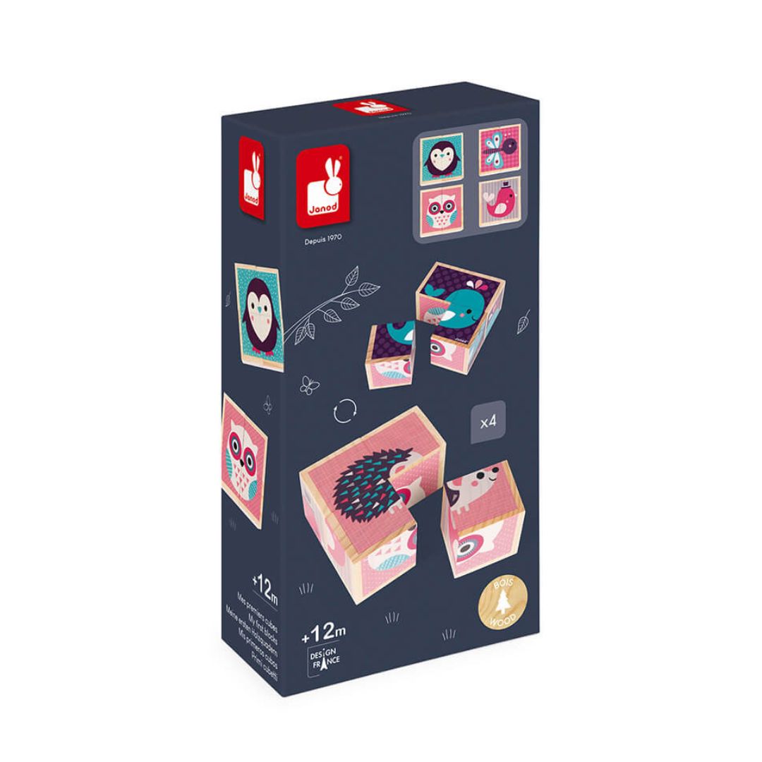 Children's toy packaging with illustrations of animals on a dark blue background