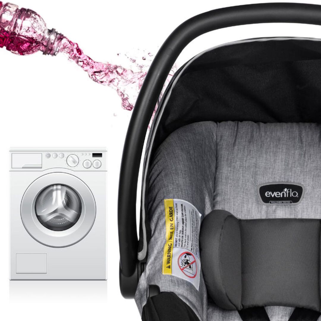 Evenflo Baby car seat with a washing machine and water splashing in the background