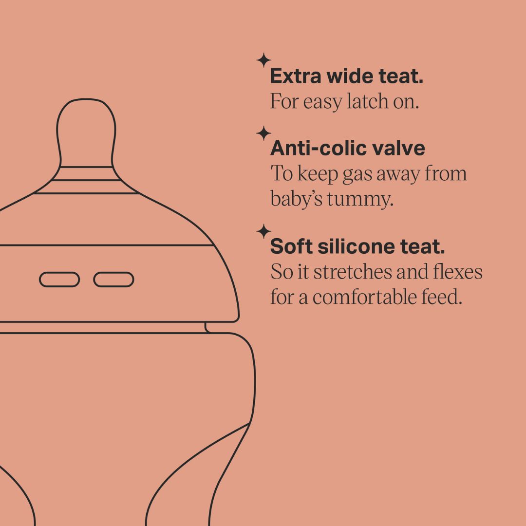 Baby bottle illustration with features on a pink background