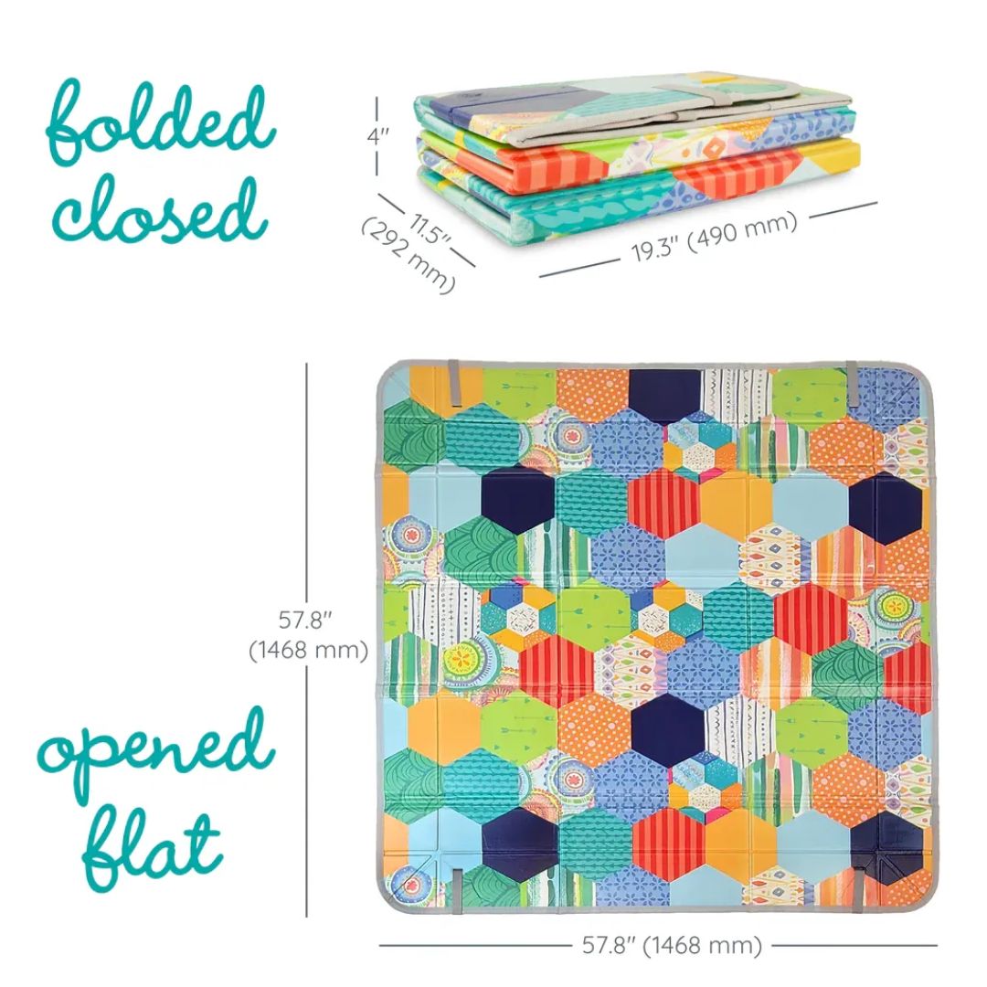 Colorful geometric patterned Infantino  play mat shown folded, closed, and opened flat with measurements.