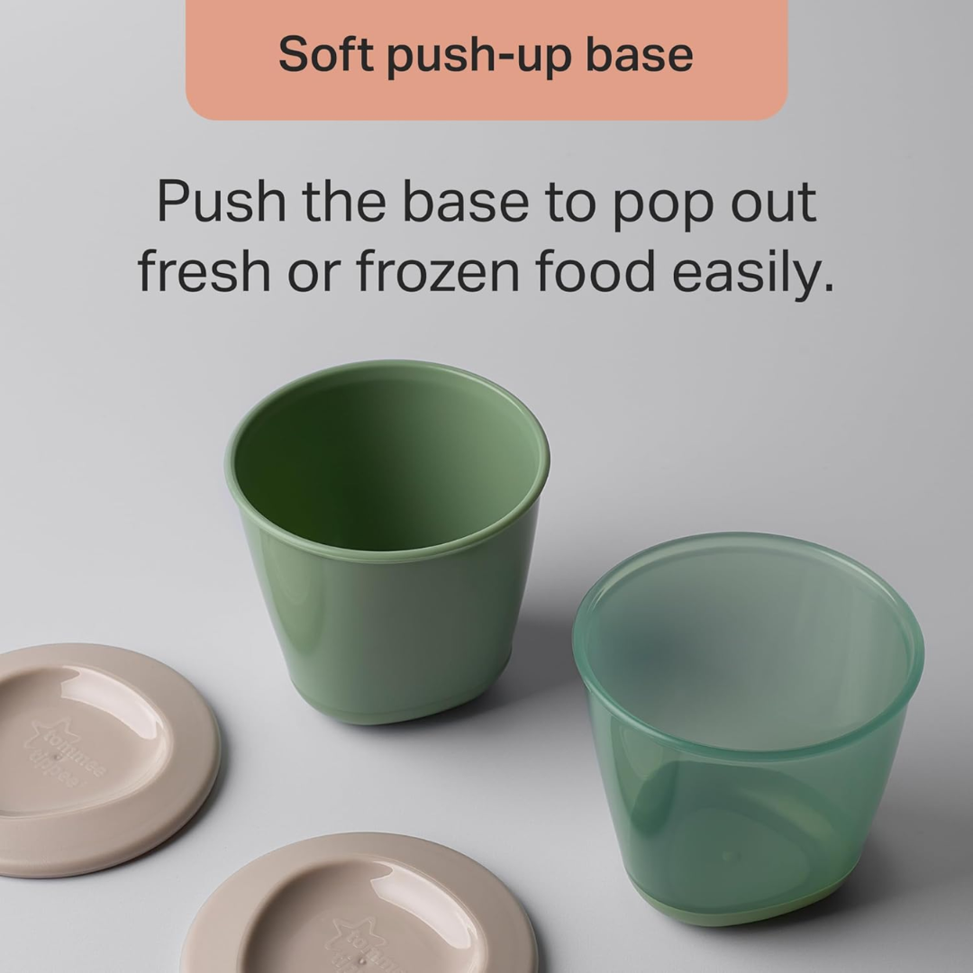 Green containers with beige lids on a gray background, featuring text about a soft push-up base.