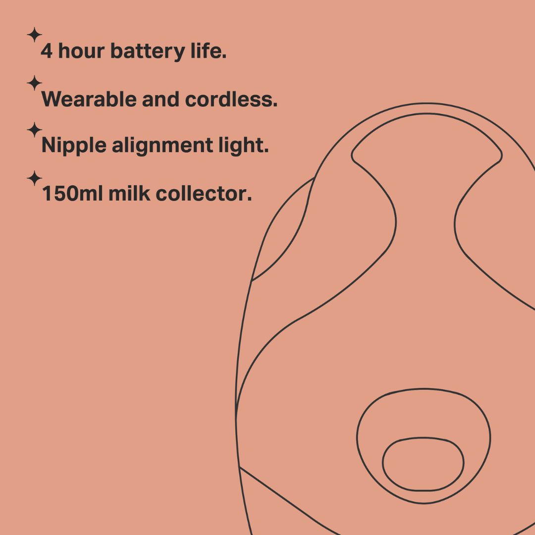 Outline of a Tommee Tippee Breast Pump with features listed on a pink background