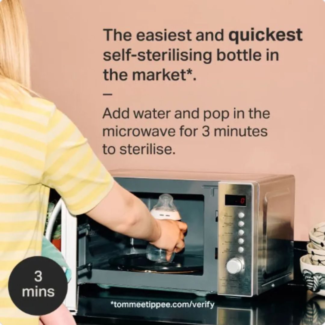 Person placing a bottle into a microwave with text about self-sterilizing bottles.