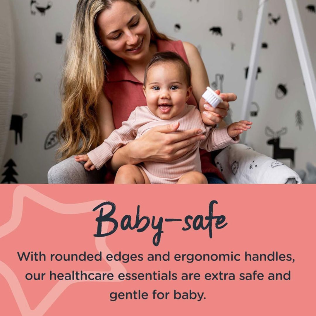 Woman holding a baby with a product, tommee tippee set against a neutral background with text about baby-safe healthcare essentials.
