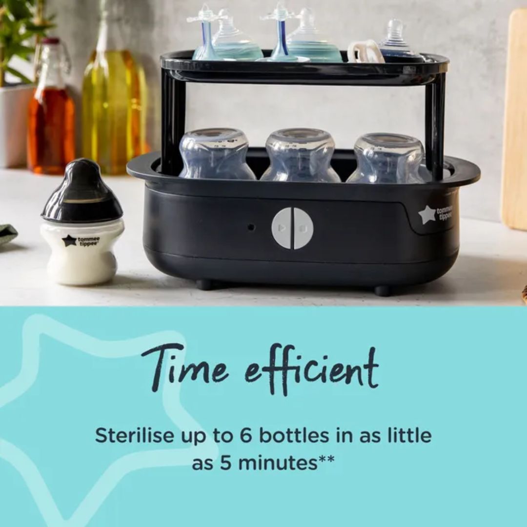 tommee tippee Bottle sterilizer with bottles inside, labeled 'Time efficient' for quick sterilization.