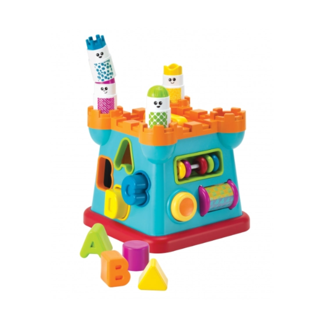 Infantino Colorful toy with building blocks and shape sorter on a white background