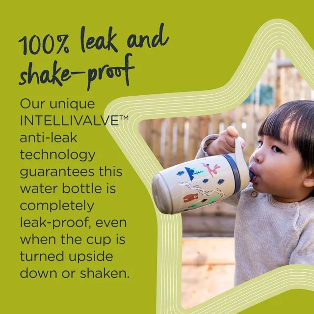 Child drinking from a water bottle with text about leak-proof technology on a green background