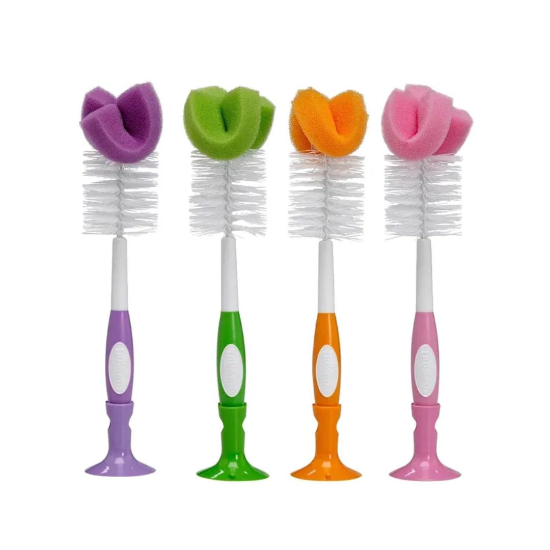 Dr Brown's Four colorful bottle brushes with floral ends on a white background