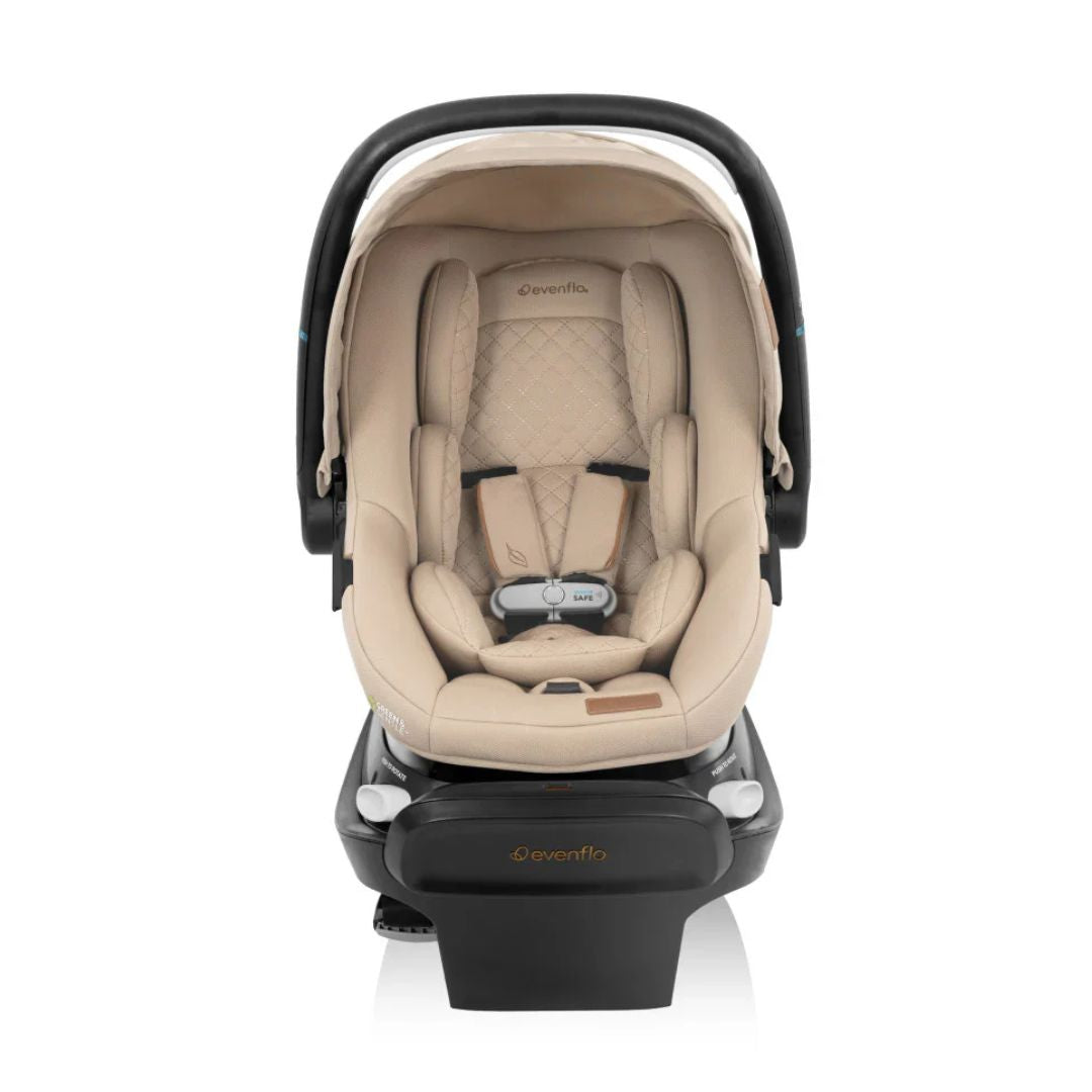 Beige and black Evenflo car seat with 'Evenflo' branding on a white background