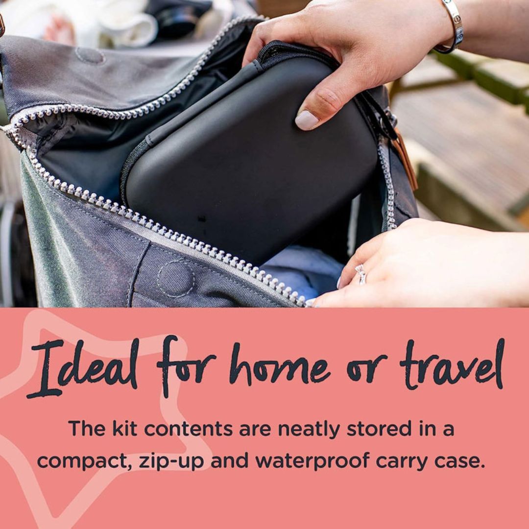 Person opening a compact, zip-up and waterproof carry case with text highlighting its suitability for home or travel.