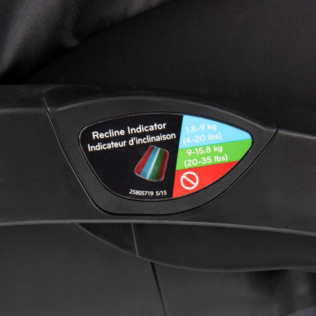 Recline indicator label on an Evenflo car seat with color-coded guidance.