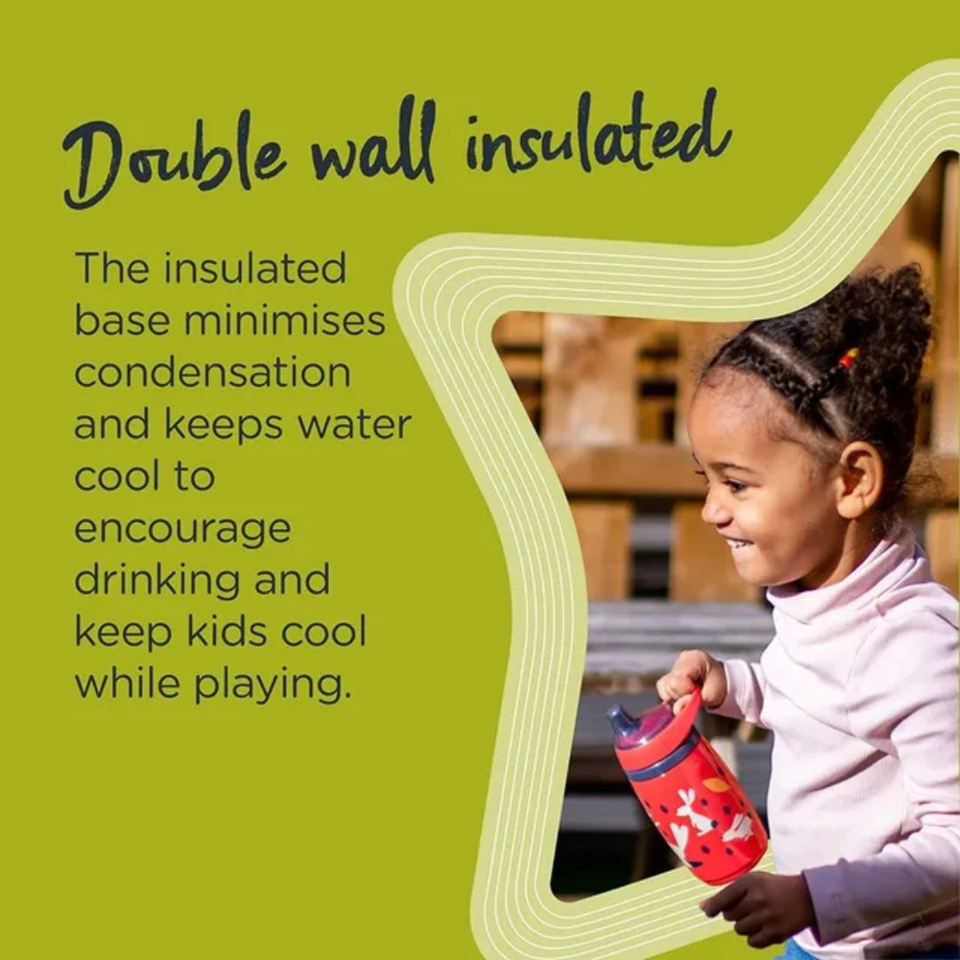 Child holding a pink water bottle with text about double wall insulation on a green background