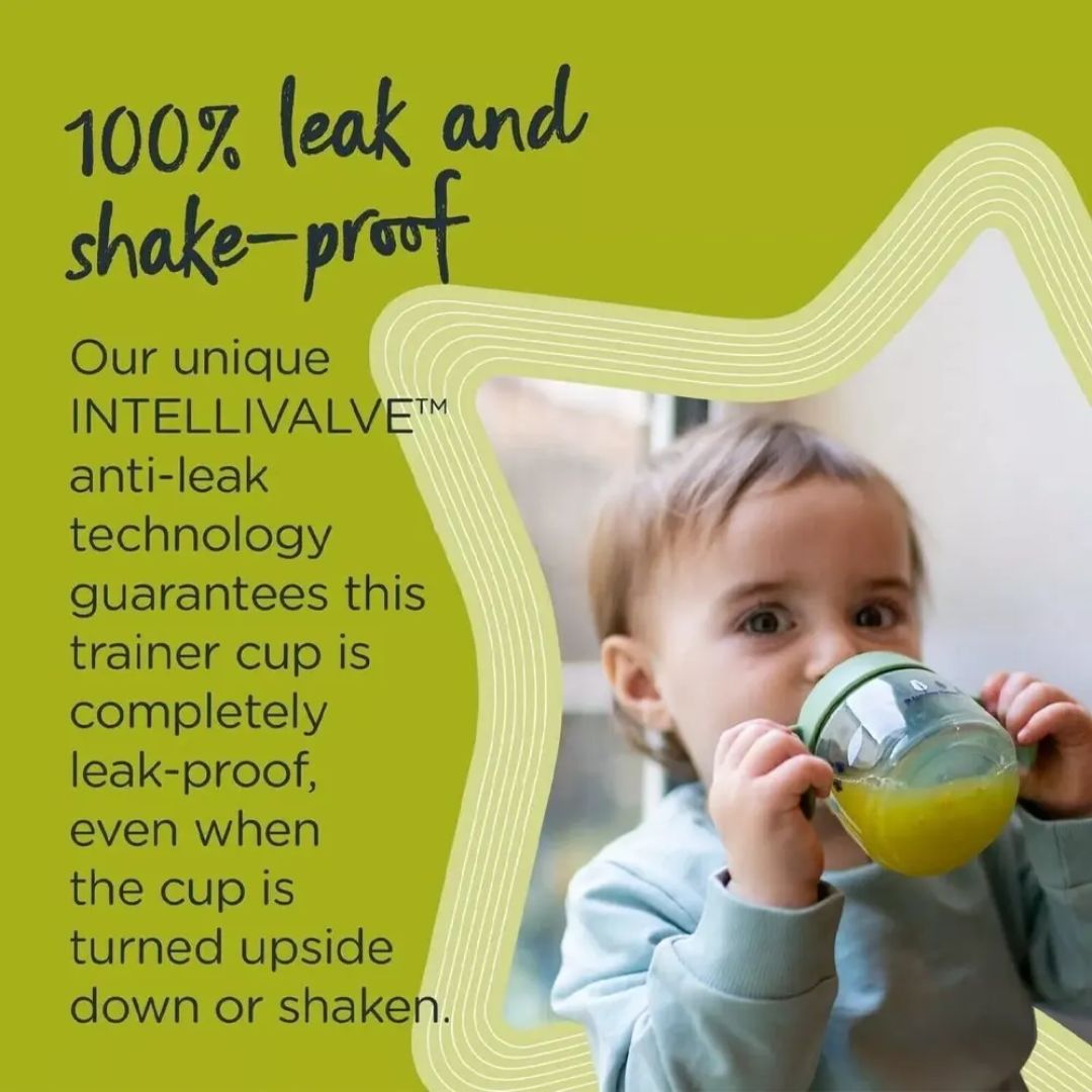 Child holding a Tommee tippee trainer cup with text about leak-proof technology on a green background