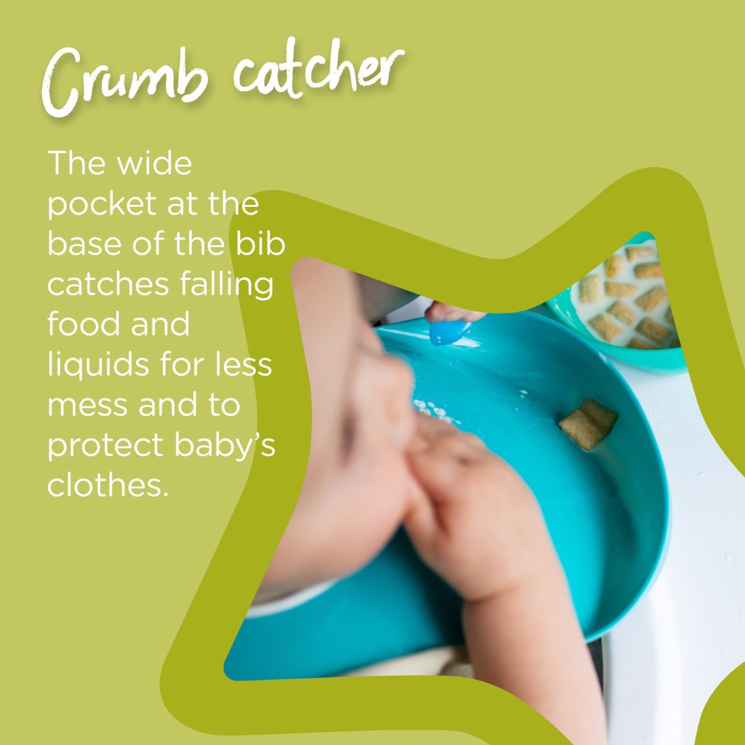 Tommee tippee Teal bib with crumb catcher feature on a green background