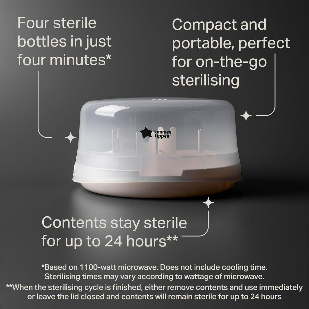 Tommee Tippee Sterilizing device with text highlighting features on a dark background