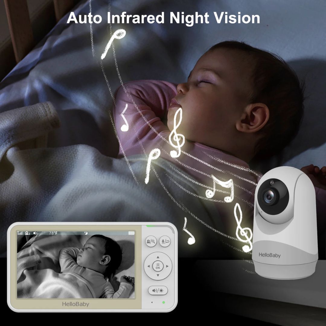 Baby monitor with auto infrared night vision feature, showing a baby and the monitor's display.