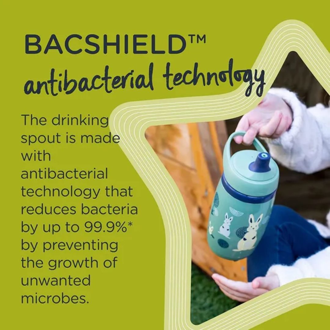 Children's water bottle with antibacterial technology on a green background