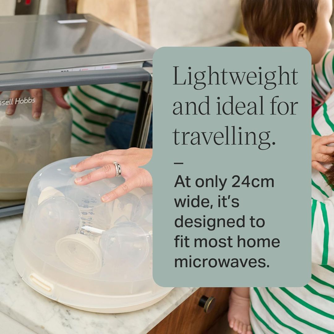 Person using a Tommee Tippee microwave Steriliser with a child, text overlay about product features.