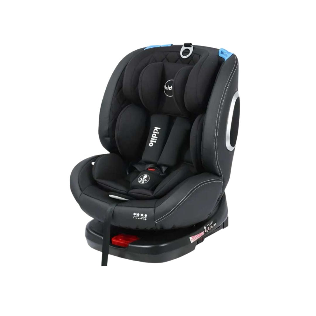 Black baby car seat with visible Kidilo logo on a white background
