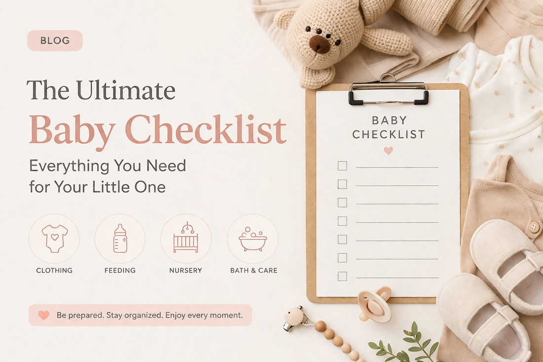 Hospital bag checklist for delivery showing essentials for mother, baby, and required documents with WombWorld branding.