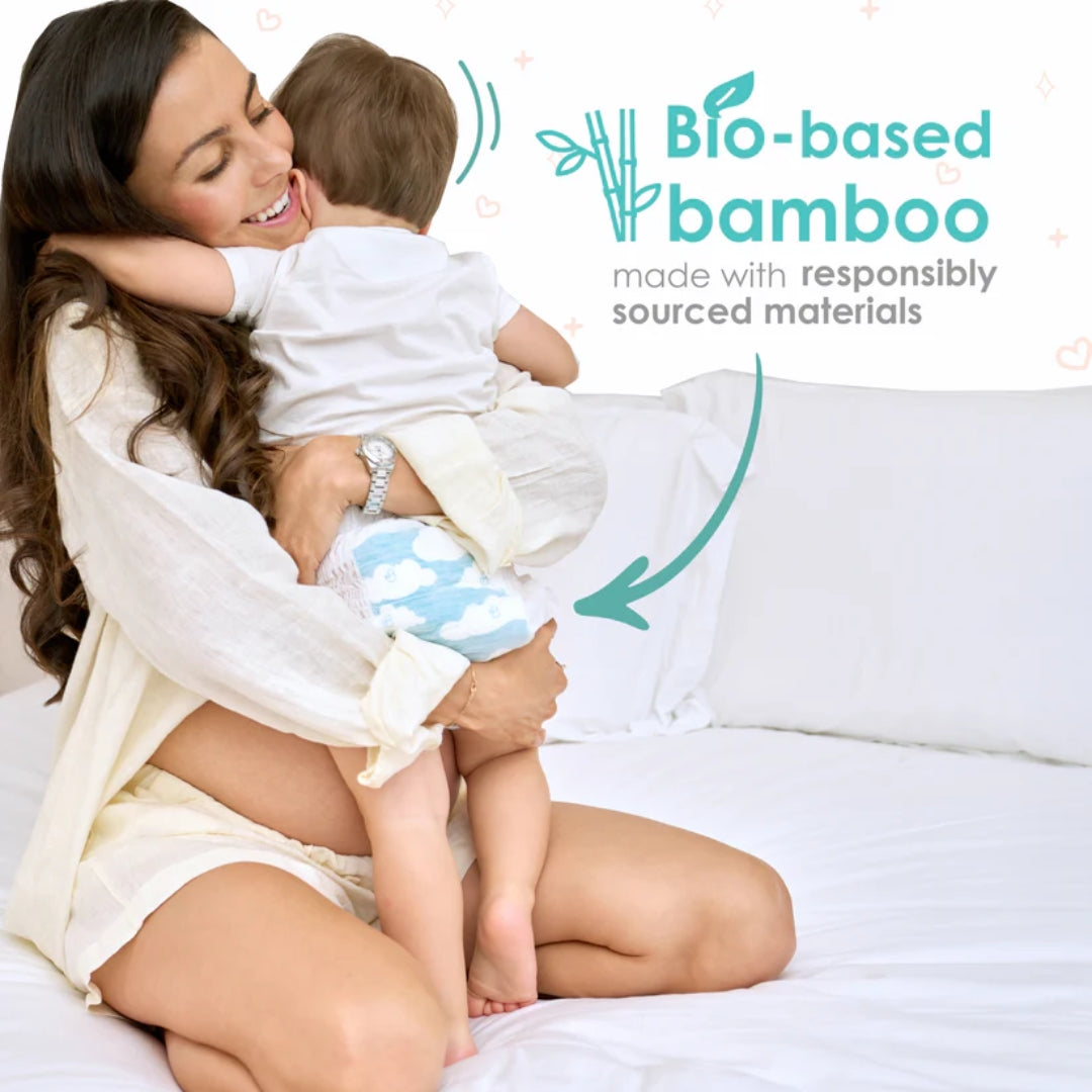 Woman holding a baby with 'Bio-based bamboo' text and logo on a white background