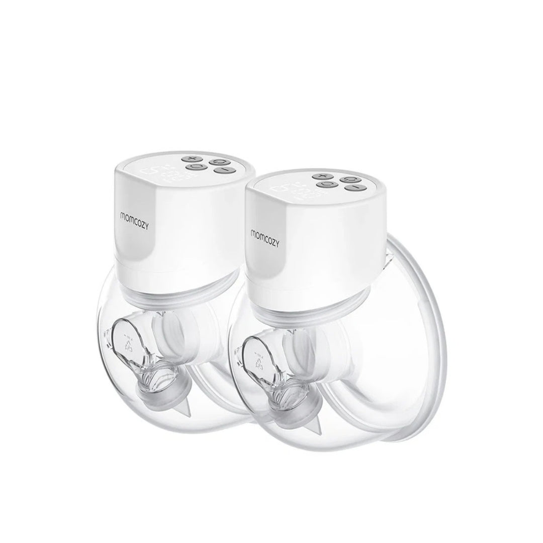 Momcozy Double electric breast pump with clear silicone parts on a white background