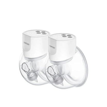 Momcozy Double electric breast pump with clear silicone parts on a white background
