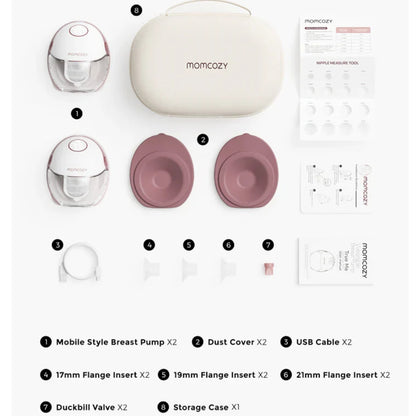 momcozy breast pump set with components labeled on a white background