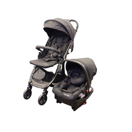 Black baby stroller with car seat on a white background
