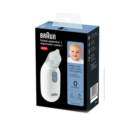 Braun nasal aspirator packaging with a baby image on a white background