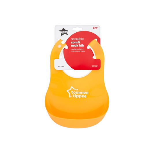 Orange neck Tommee tippee bib with packaging on a white background