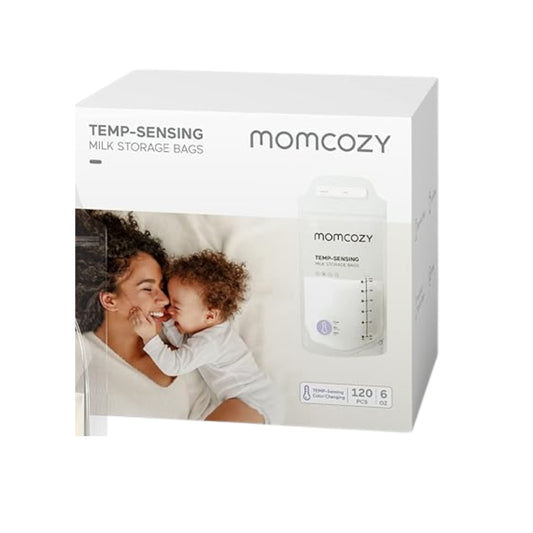 Momcozy temp-sensing milk storage bags packaging with a mother and child on a white background