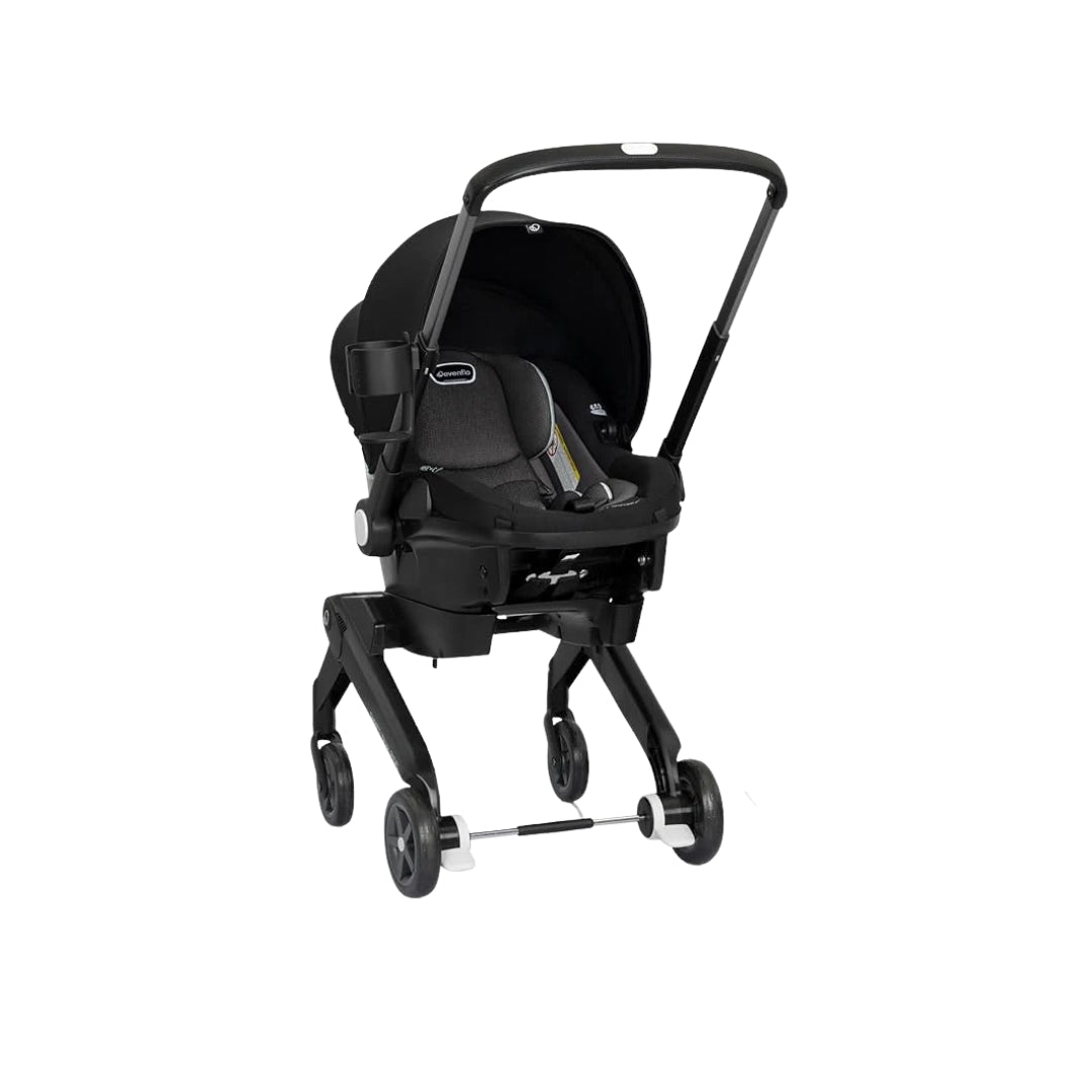 Evenflo Black baby stroller and car seat on a white background
