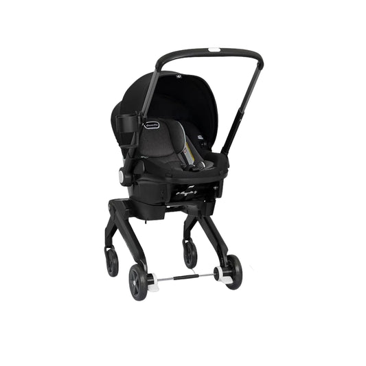 Evenflo Black baby stroller and car seat on a white background