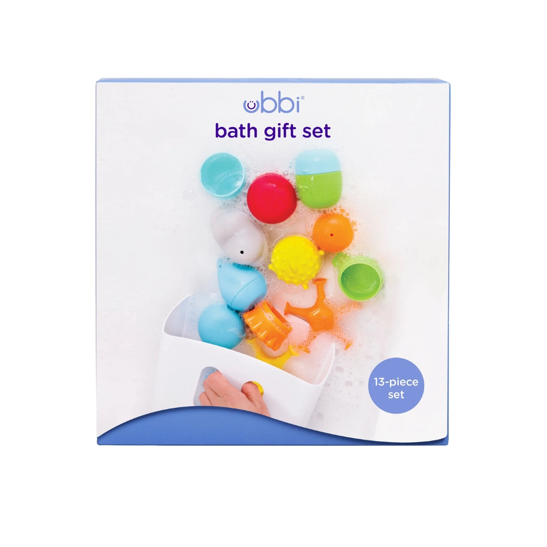 Ubbi bath gift set packaging with colorful bath toys on a white background