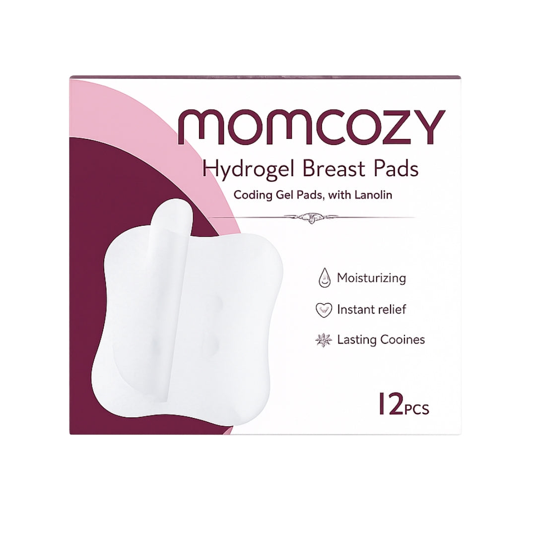 Momcozy Hydrogel Breast Pads packaging with product image and features on a white background