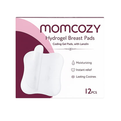 Momcozy Hydrogel Breast Pads packaging with product image and features on a white background