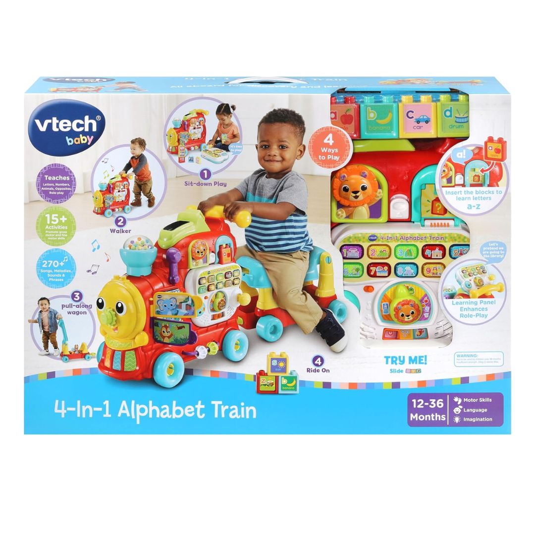 Vtech 4-in-1 Alphabet Train toy packaging with a child on a train