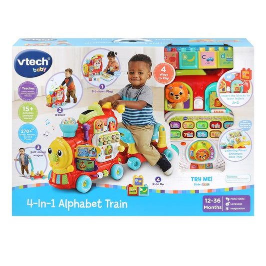 Vtech 4-in-1 Alphabet Train toy packaging with a child on a train