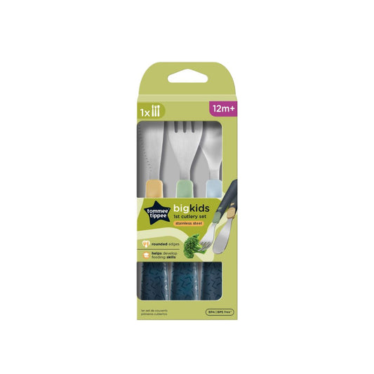 Tommee tippee packaged children's cutlery set with packaging on a white background