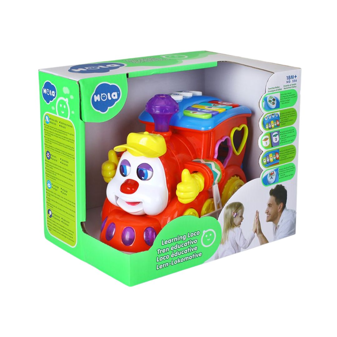 Hola Toy train in a colorful box packaging with visible branding
