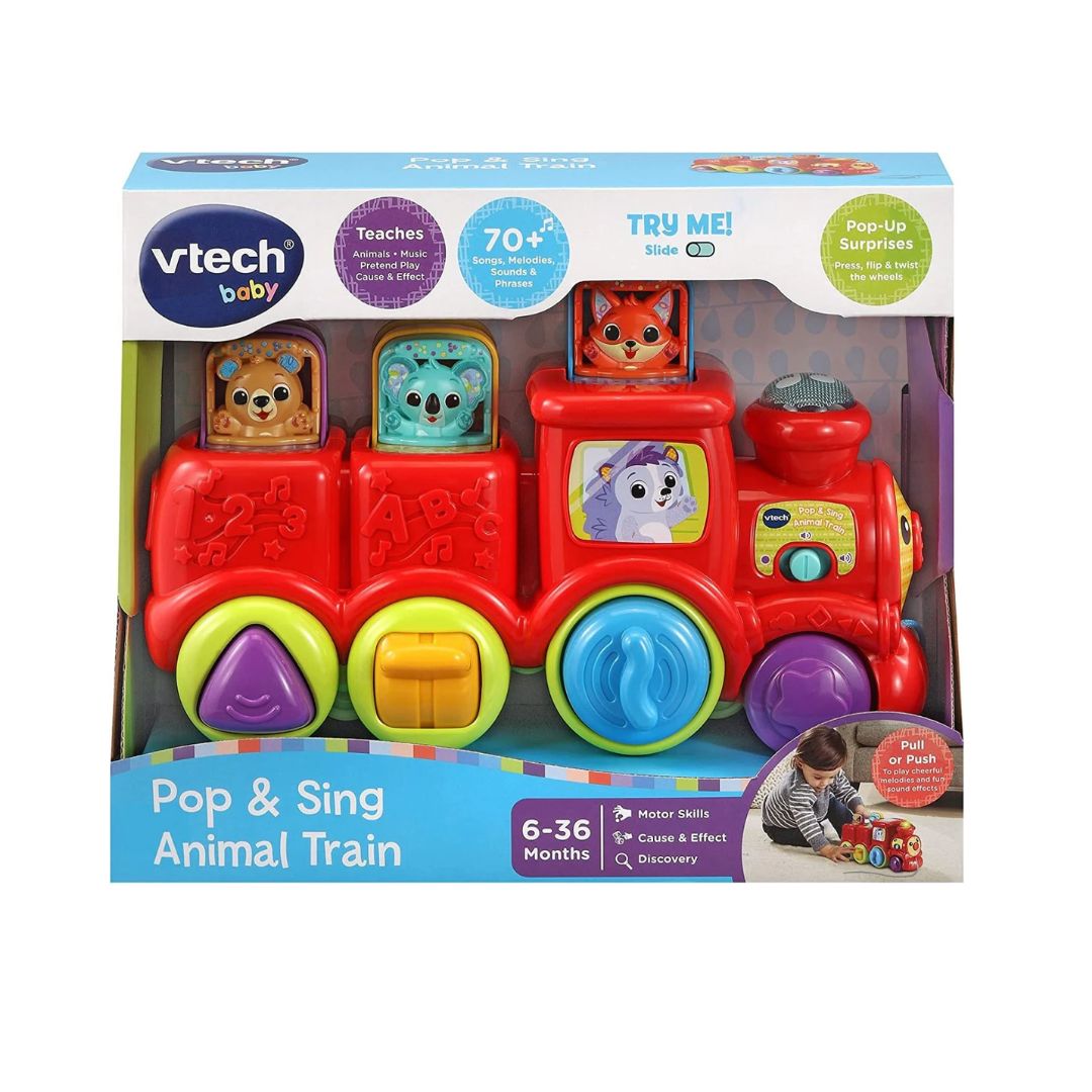 Vtech Pop & Sing Animal Train toy packaging on a white background