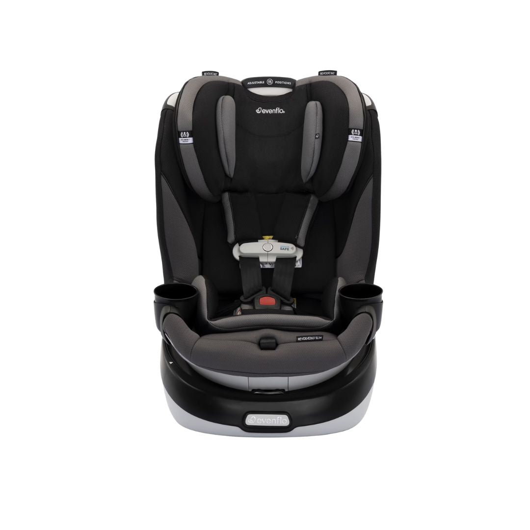 Evenflo Black and gray car seat with cup holders on a white background